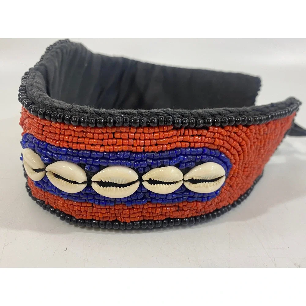 Tribal Beaded Festival Cowrie Shell Belt Orange Blue Bead Boho Medallion Tie